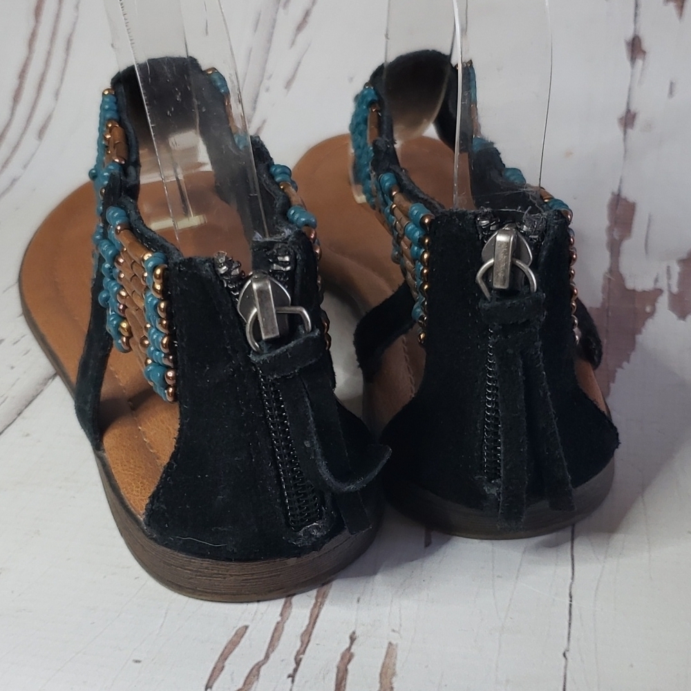 Minnetonka 7 T-strap thong ankle strap beaded black suede sandals - Picture 5 of 7